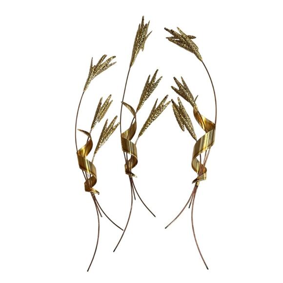 vintage home interior Mid-Century Modern metal wheat stalk wall art brass copper - Picture 3 of 13